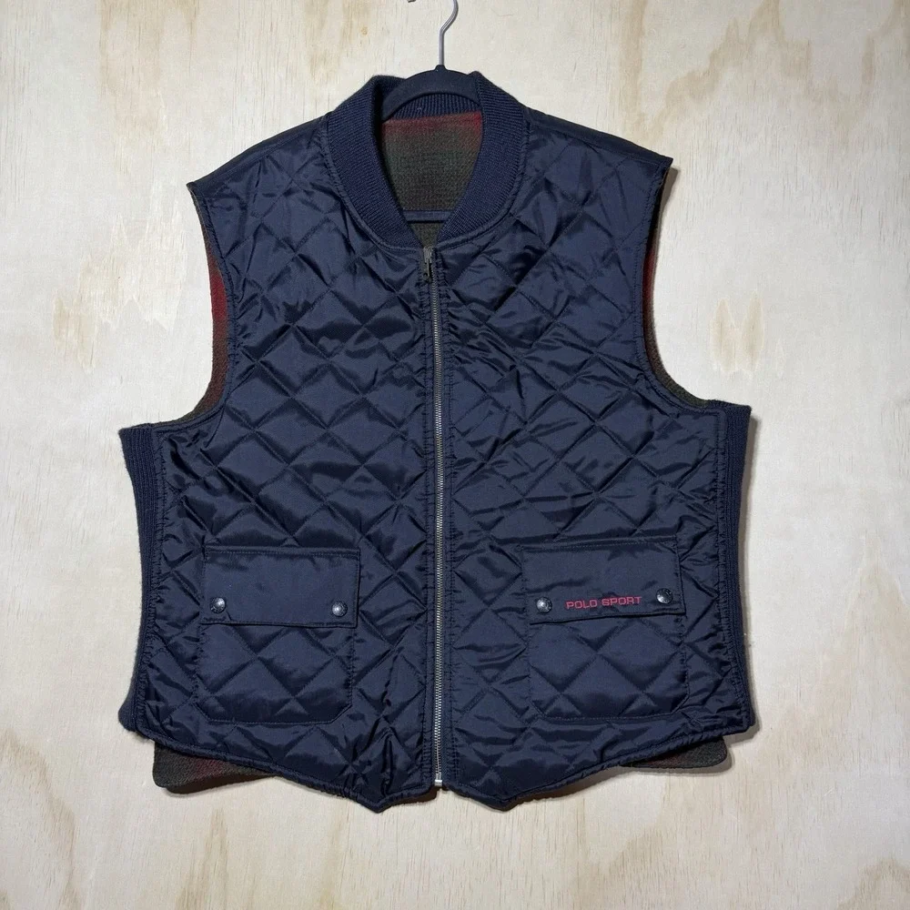 Vintage Polo Sport Ralph Lauren Reversible Vest Wool Plaid Quilted Men's XL